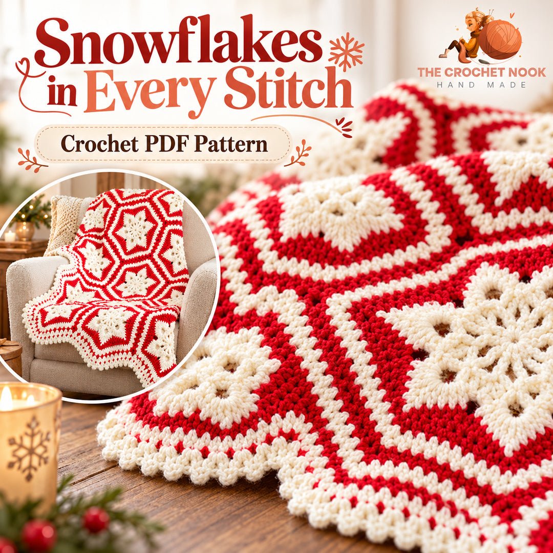 Nordic Snowflake Motif Blanket Crochet Pattern — close-up of the six-point snowflake motifs, hexagon joins and picot edge. Digital pattern.