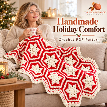 Nordic Snowflake Motif Blanket Crochet Pattern — woman around 55 using the red and cream snowflake motif blanket. Digital pattern.