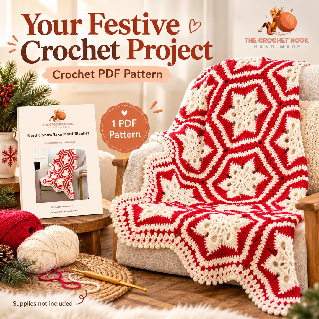 Nordic Snowflake Motif Blanket Crochet Pattern — snowflake blanket with yarn, crochet hook and actual four-page PDF cover preview. Digital pattern.