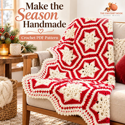 Nordic Snowflake Motif Blanket Crochet Pattern — red and cream joined-hexagon snowflake blanket in a seasonal home setting. Digital pattern.