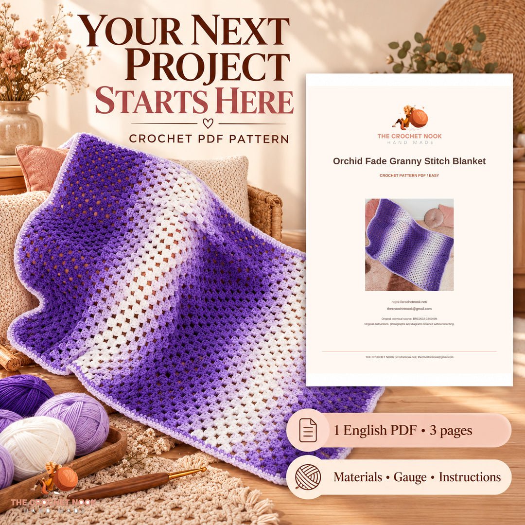 Orchid Fade Granny Stitch Blanket crochet project with yarn, hook and the actual cover preview of the 3-page English PDF pattern.