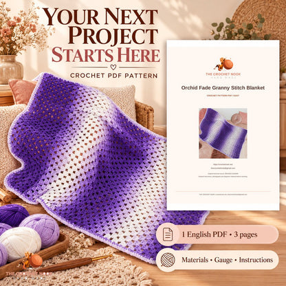Orchid Fade Granny Stitch Blanket crochet project with yarn, hook and the actual cover preview of the 3-page English PDF pattern.