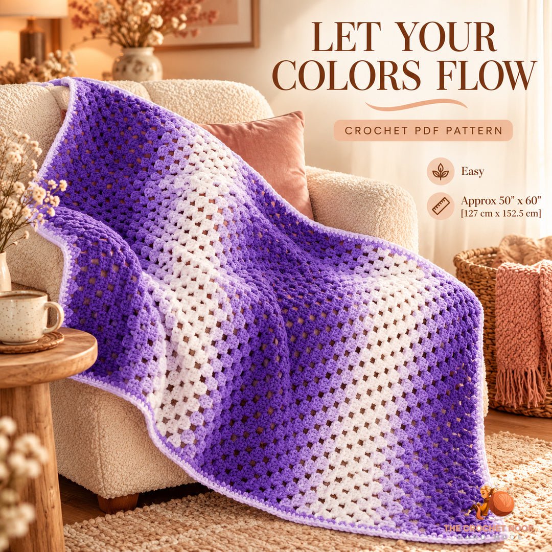 Orchid Fade Granny Stitch Blanket crochet blanket in a cozy lifestyle setting; digital crochet PDF pattern.
