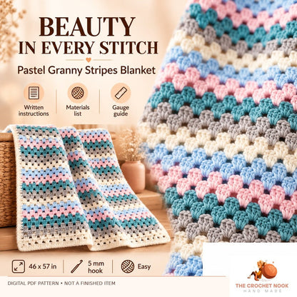 Pastel Granny Stripes Blanket — stitch detail — digital PDF pattern, not a finished item