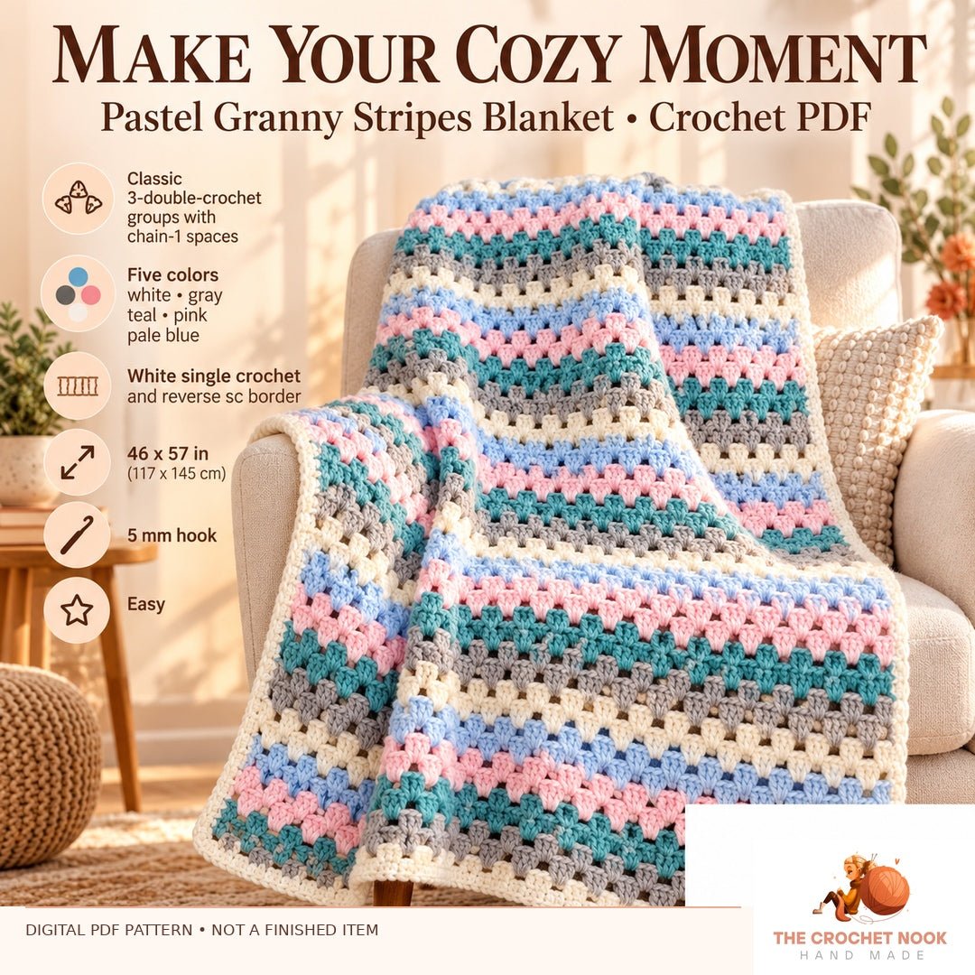 Pastel Granny Stripes Blanket — hero lifestyle — digital PDF pattern, not a finished item