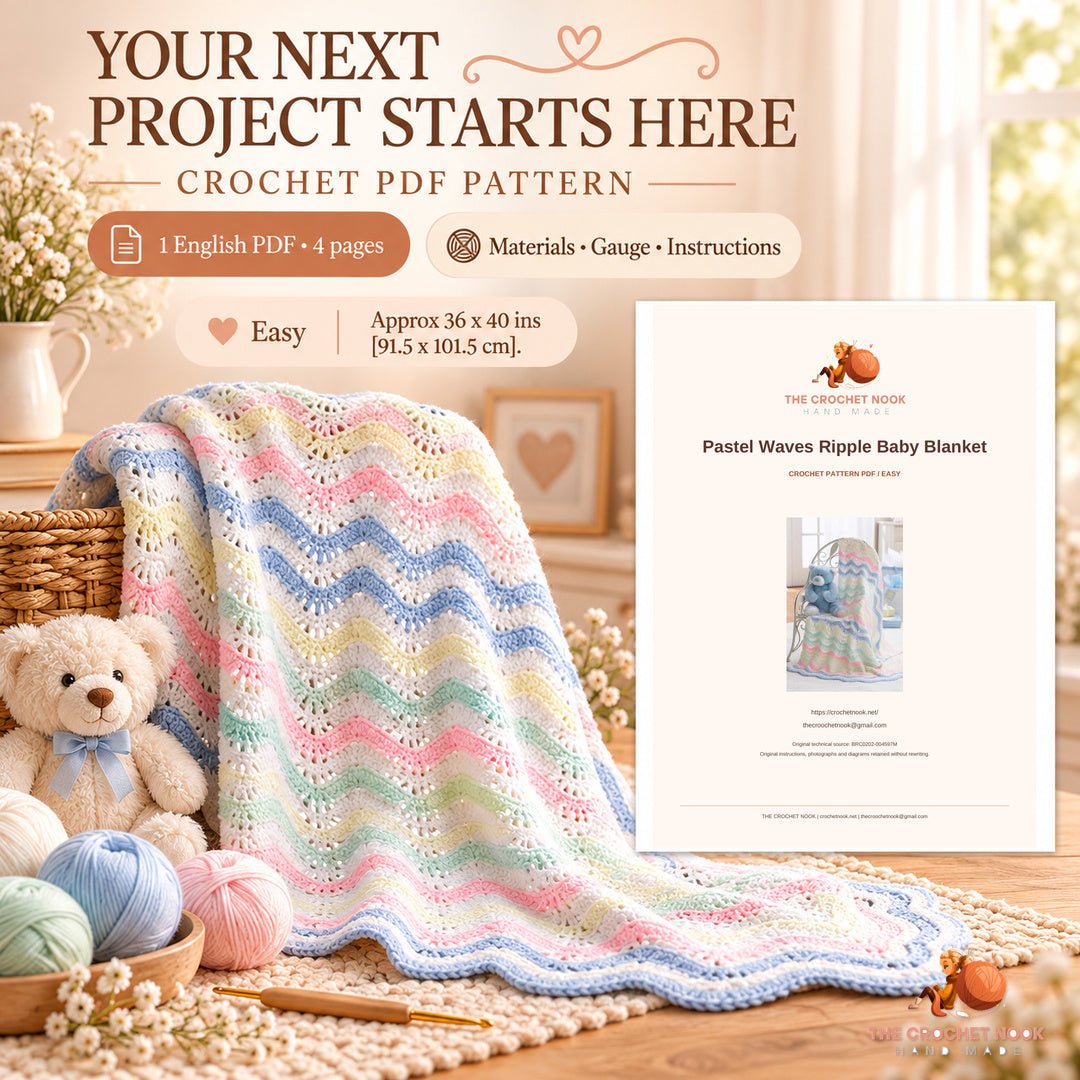Pastel Waves Ripple Baby Blanket crochet project with yarn, hook and the actual cover preview of the 4-page English PDF pattern.