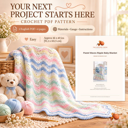 Pastel Waves Ripple Baby Blanket crochet project with yarn, hook and the actual cover preview of the 4-page English PDF pattern.