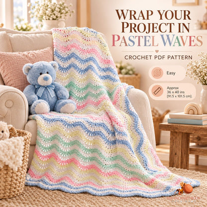 Pastel Waves Ripple Baby Blanket crochet baby blanket in a cozy lifestyle setting; digital crochet PDF pattern.