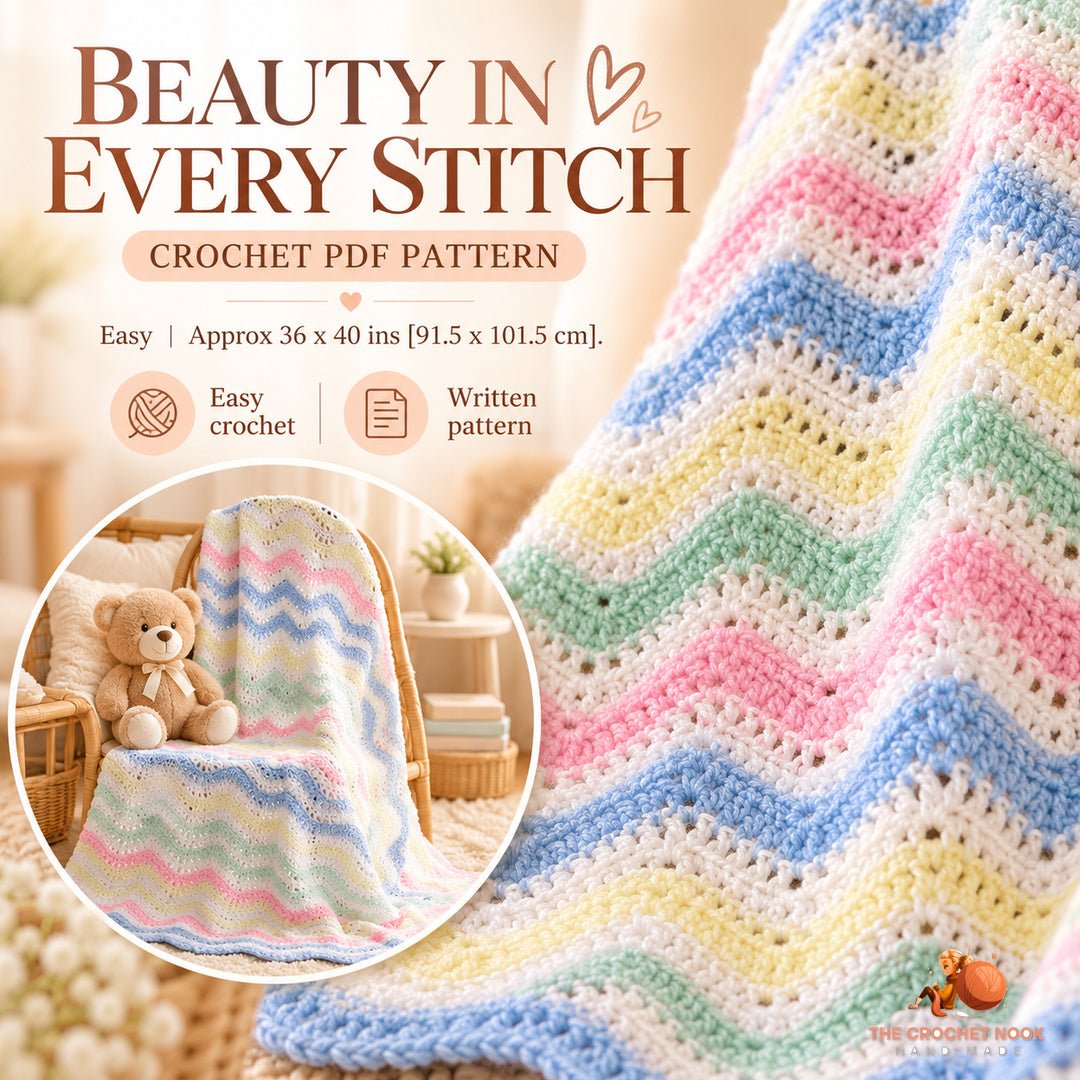 Close-up of the original Pastel Waves Ripple Baby Blanket stitch texture and crochet design.