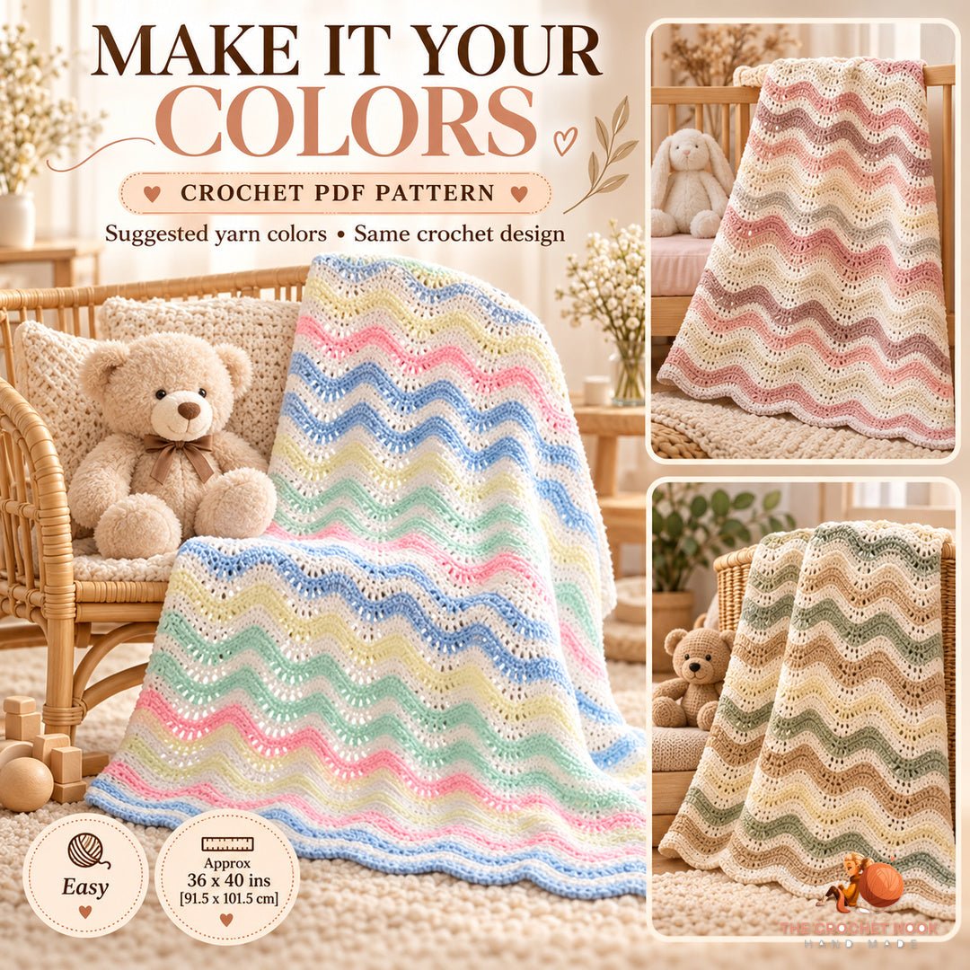 Suggested alternative yarn colors for the same Pastel Waves Ripple Baby Blanket crochet construction; color inspiration.