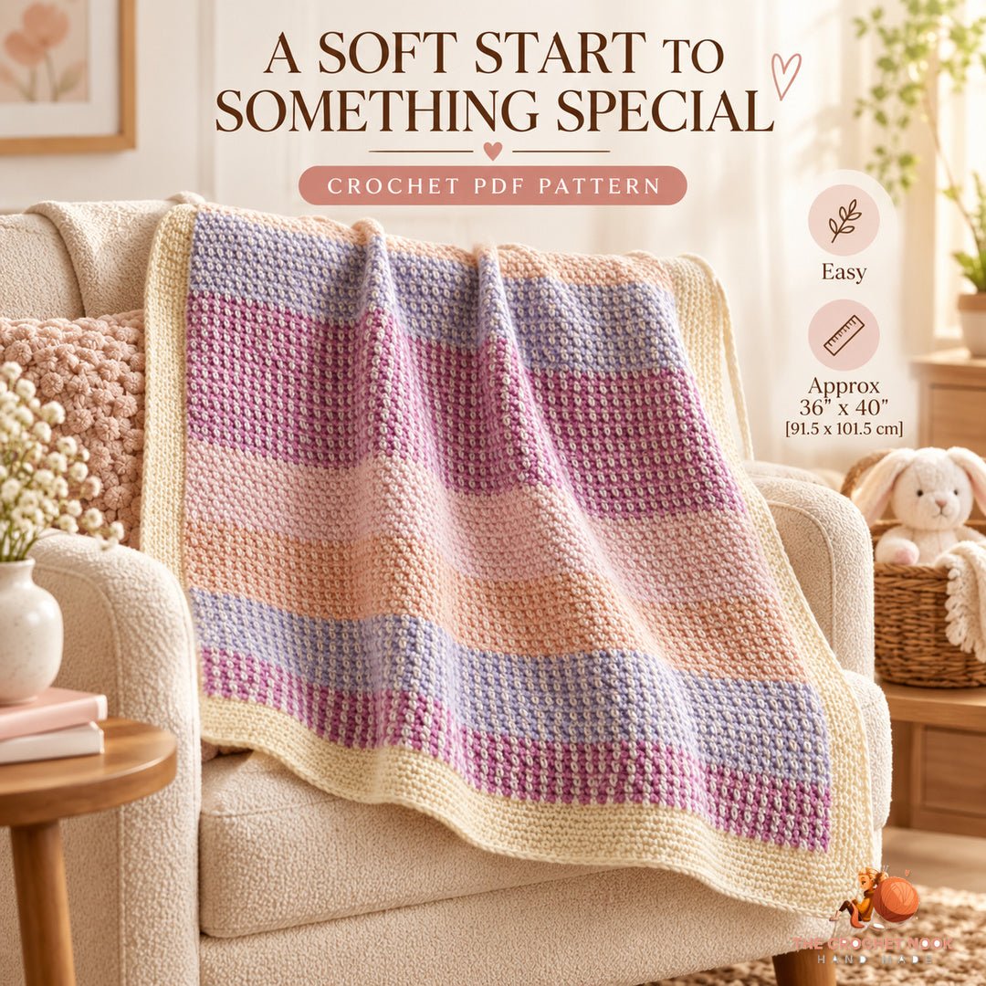 Petal Plaid Mini Moss Baby Blanket crochet baby blanket in a cozy lifestyle setting; digital crochet PDF pattern.