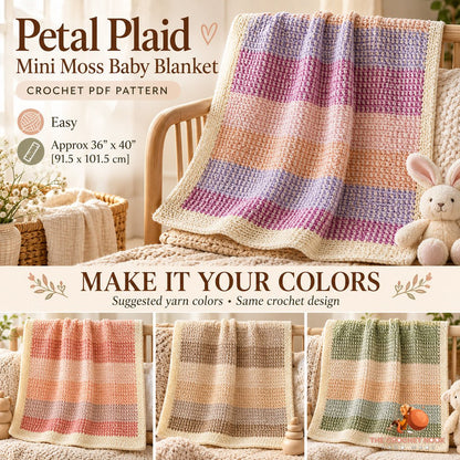 Suggested alternative yarn colors for the same Petal Plaid Mini Moss Baby Blanket crochet construction; color inspiration.