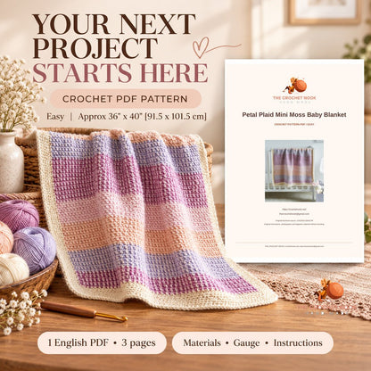 Petal Plaid Mini Moss Baby Blanket crochet project with yarn, hook and the actual cover preview of the 3-page English PDF pattern.
