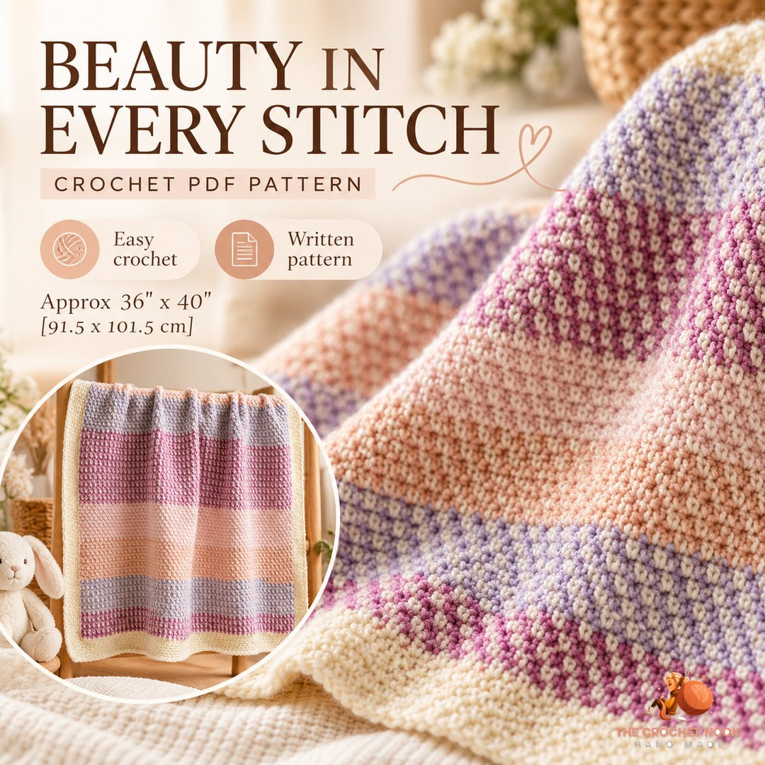Close-up of the original Petal Plaid Mini Moss Baby Blanket stitch texture and crochet design.