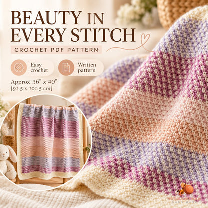 Close-up of the original Petal Plaid Mini Moss Baby Blanket stitch texture and crochet design.
