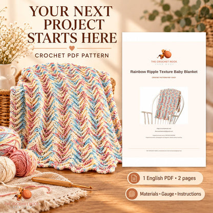 Rainbow Ripple Texture Baby Blanket crochet project with yarn, hook and the actual cover preview of the 2-page English PDF pattern.