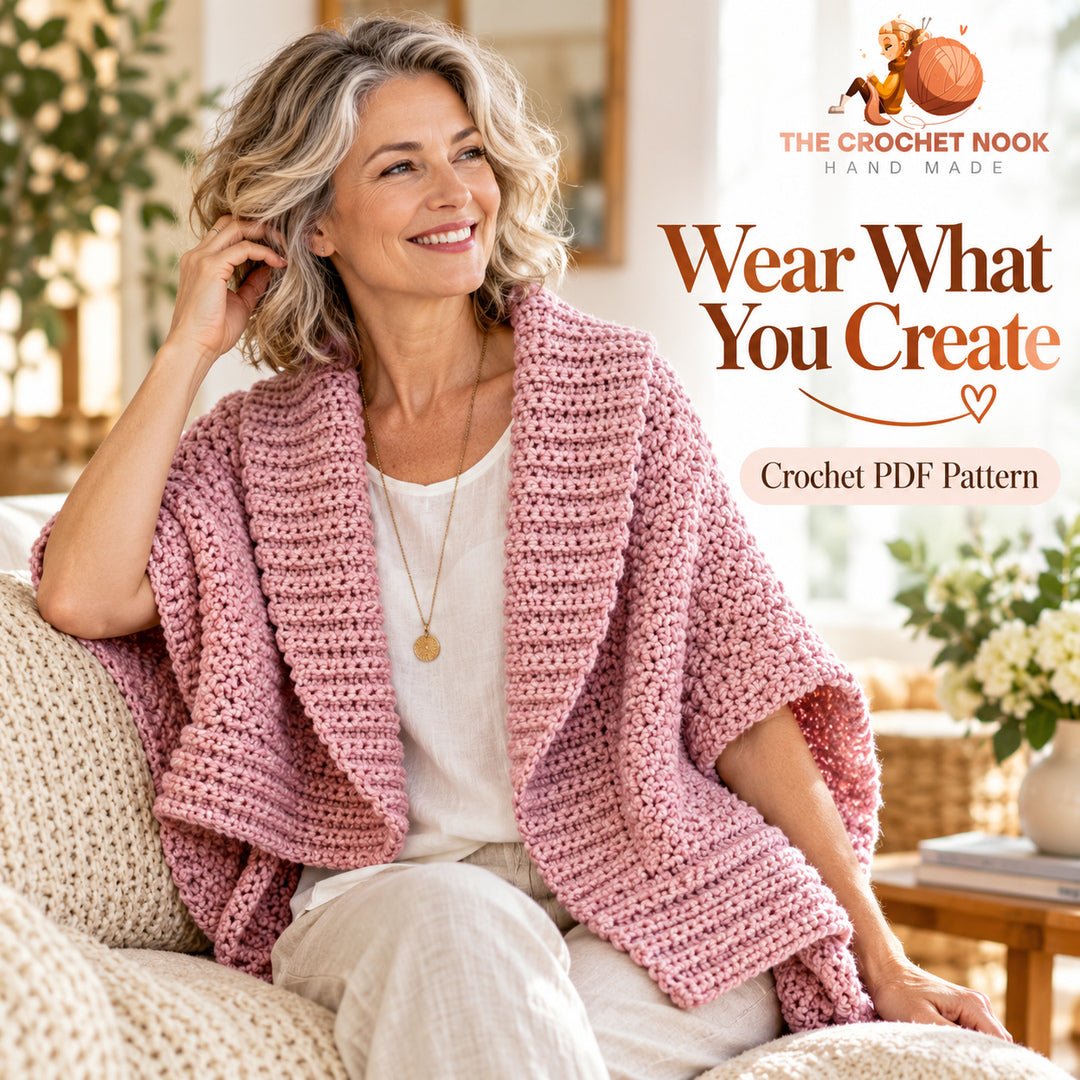 Rosefold Origami Cardigan Crochet Pattern — woman around 55 wearing the original folded blush pink cardigan. Digital pattern.