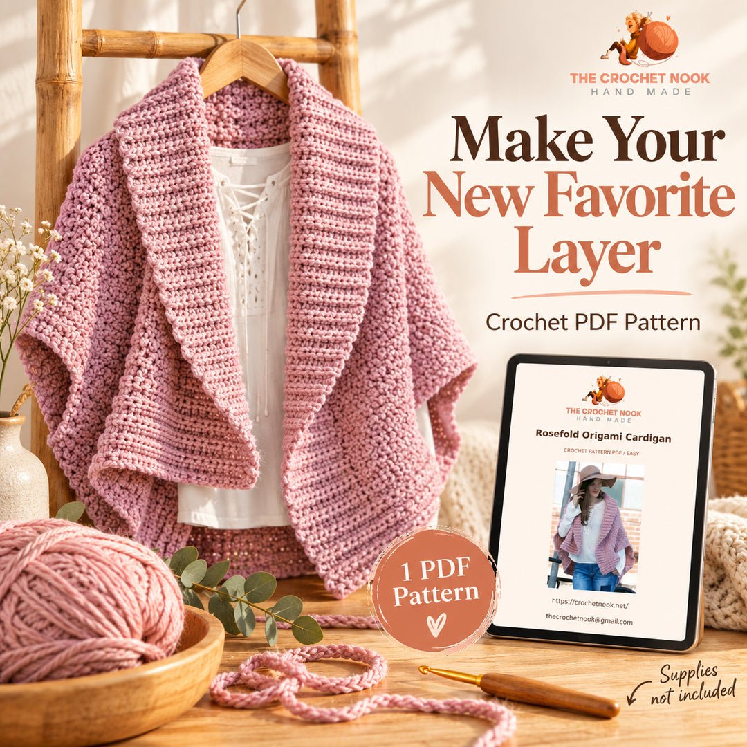 Rosefold Origami Cardigan Crochet Pattern — cardigan with yarn, crochet hooks and actual four-page PDF cover preview. Digital pattern.