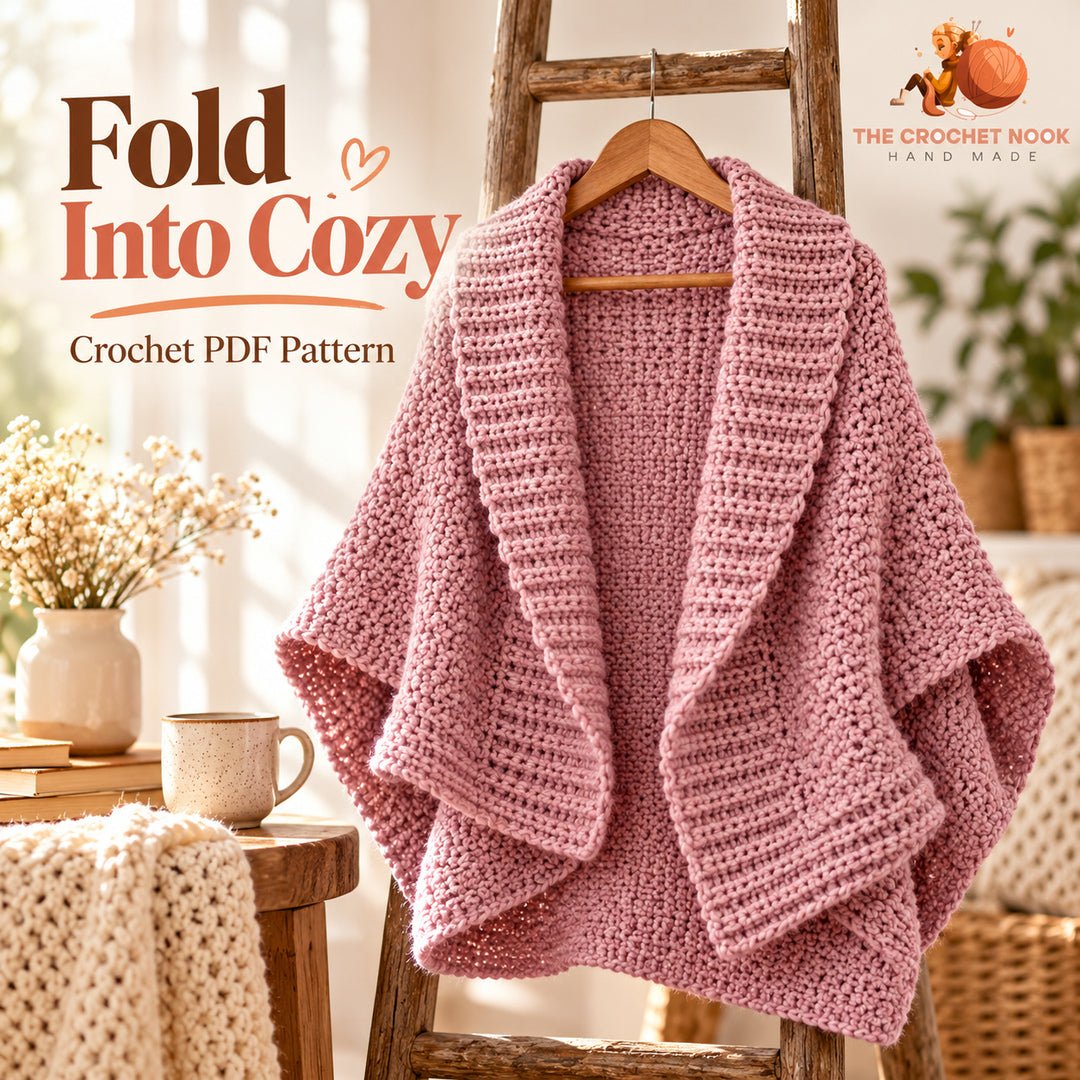Rosefold Origami Cardigan Crochet Pattern — blush pink origami cardigan with broad shawl collar and short capped arm openings. Digital pattern.