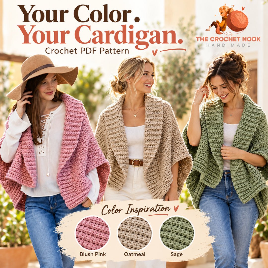Rosefold Origami Cardigan Crochet Pattern — pink, oatmeal and sage yarn color inspiration in the same origami cardigan shape. Digital pattern.