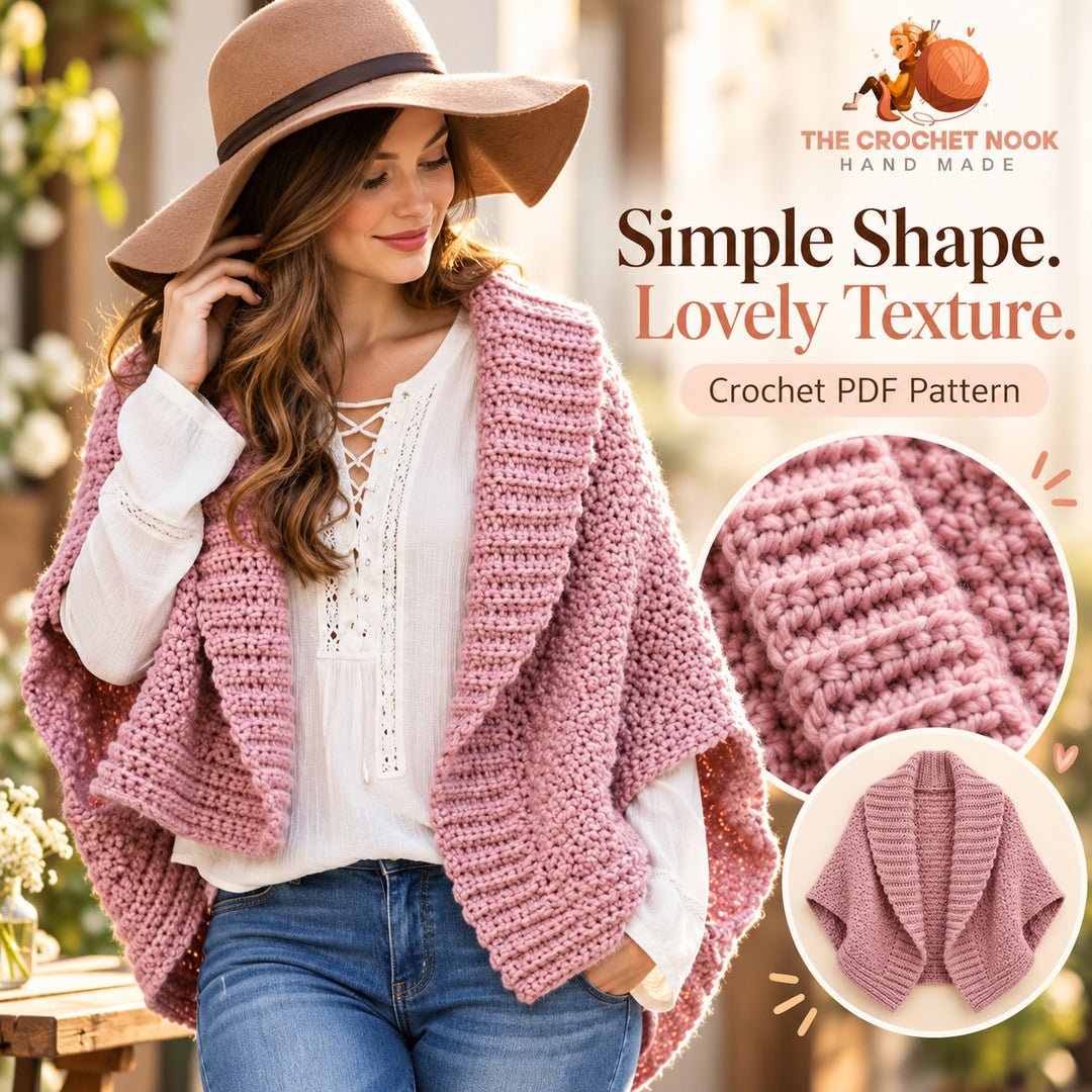 Rosefold Origami Cardigan Crochet Pattern — close-up of the chunky crochet fabric, ribbed collar and folded construction. Digital pattern.
