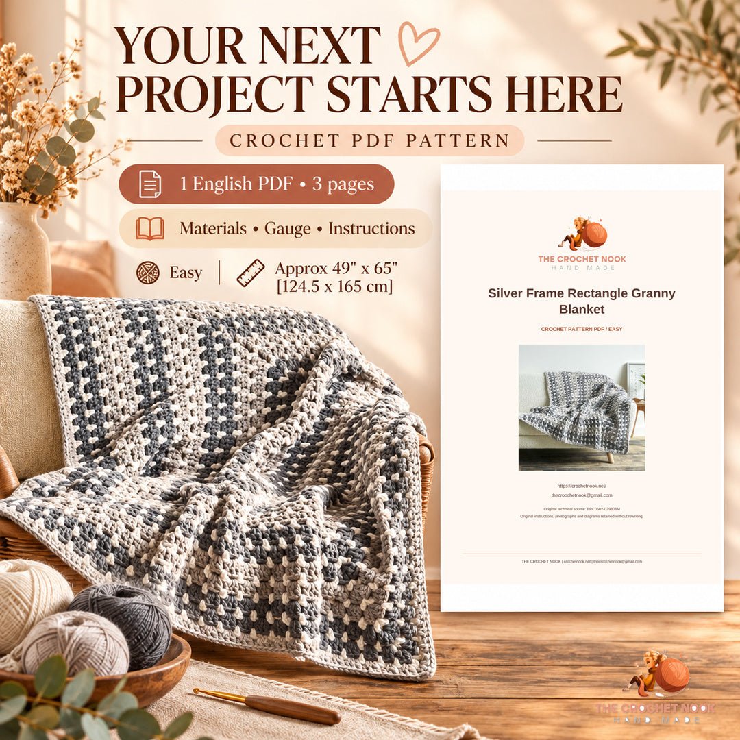 Silver Frame Rectangle Granny Blanket crochet project with yarn, hook and the actual cover preview of the 3-page English PDF pattern.