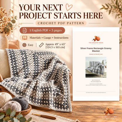 Silver Frame Rectangle Granny Blanket crochet project with yarn, hook and the actual cover preview of the 3-page English PDF pattern.