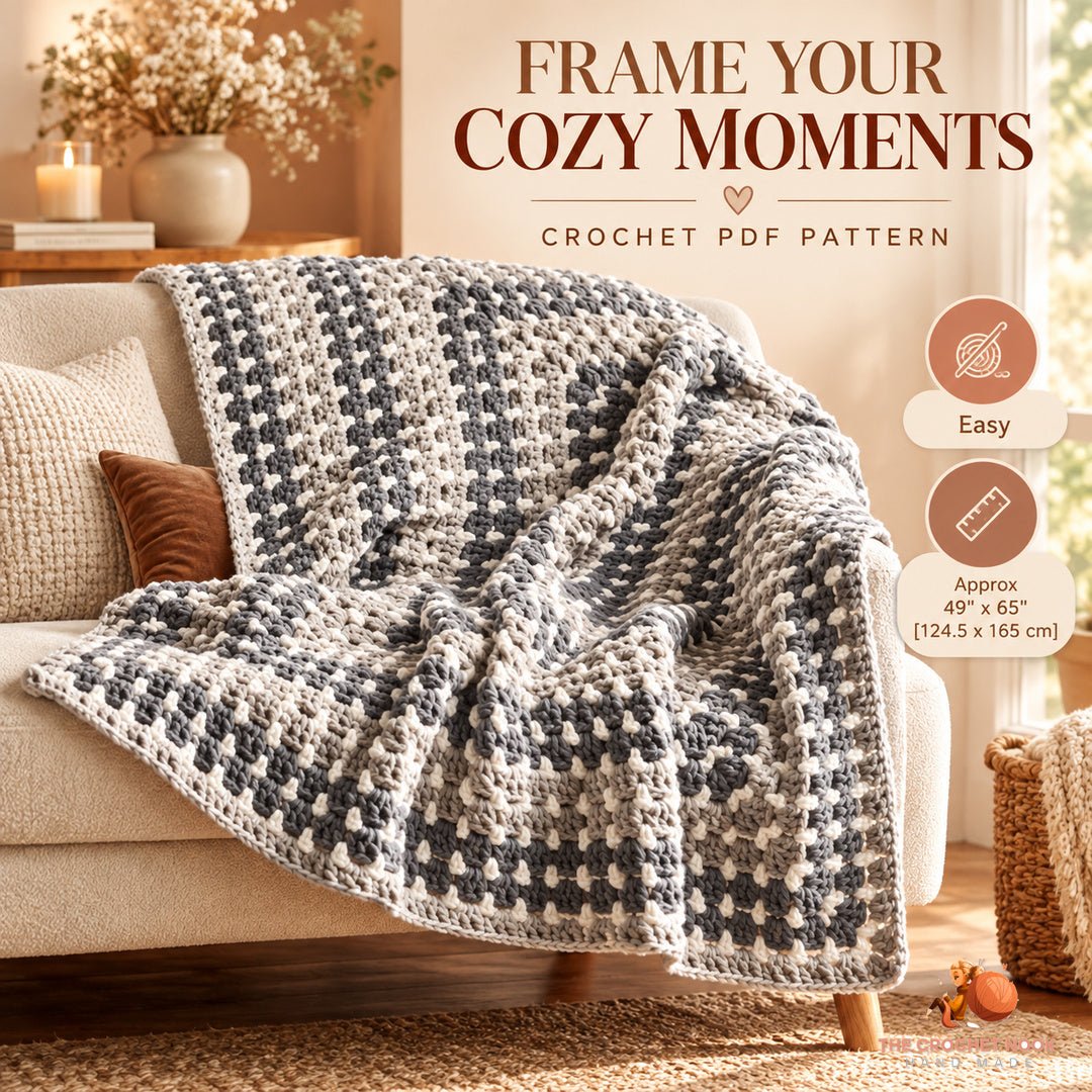Silver Frame Rectangle Granny Blanket crochet blanket in a cozy lifestyle setting; digital crochet PDF pattern.