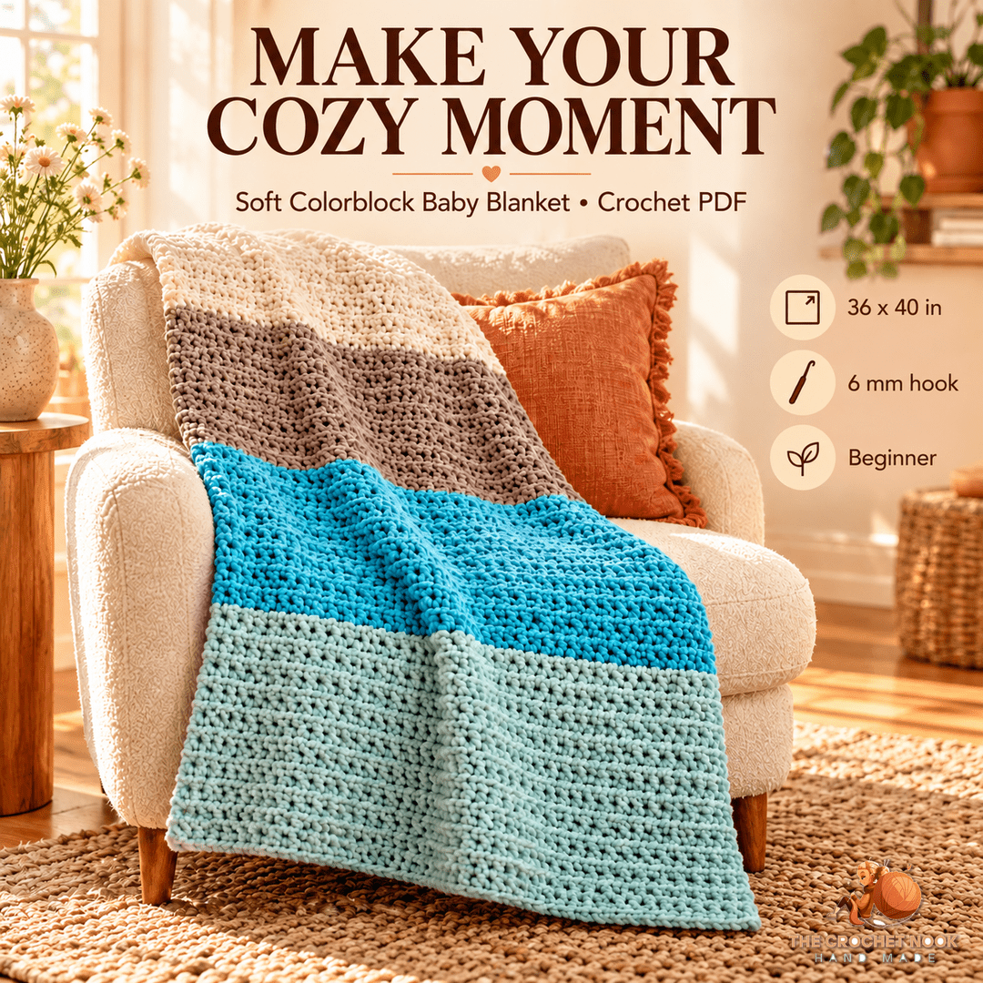 Soft colorblock crochet baby blanket in a cozy setting