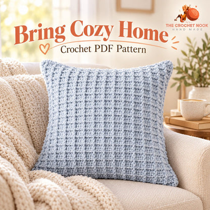 Softgrid Velvet Waffle Pillow Crochet Pattern — soft blue square velvet waffle crochet pillow on a linen chair. Digital pattern.