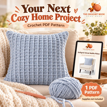 Softgrid Velvet Waffle Pillow Crochet Pattern — waffle pillow with yarn, crochet hook and actual three-page PDF cover preview. Digital pattern.