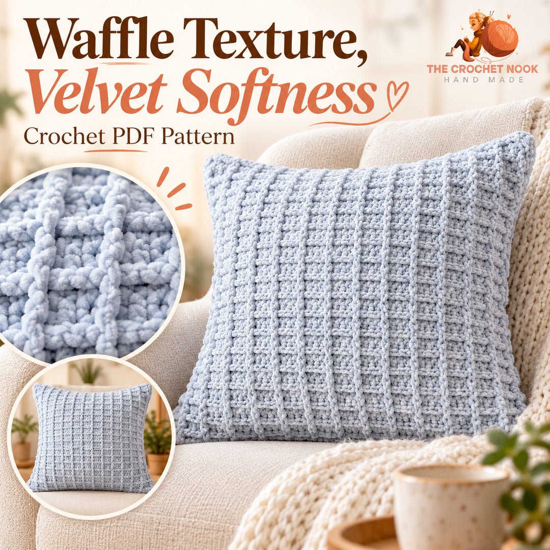 Softgrid Velvet Waffle Pillow Crochet Pattern — close-up of the raised waffle grid and plush velvet stitch texture. Digital pattern.