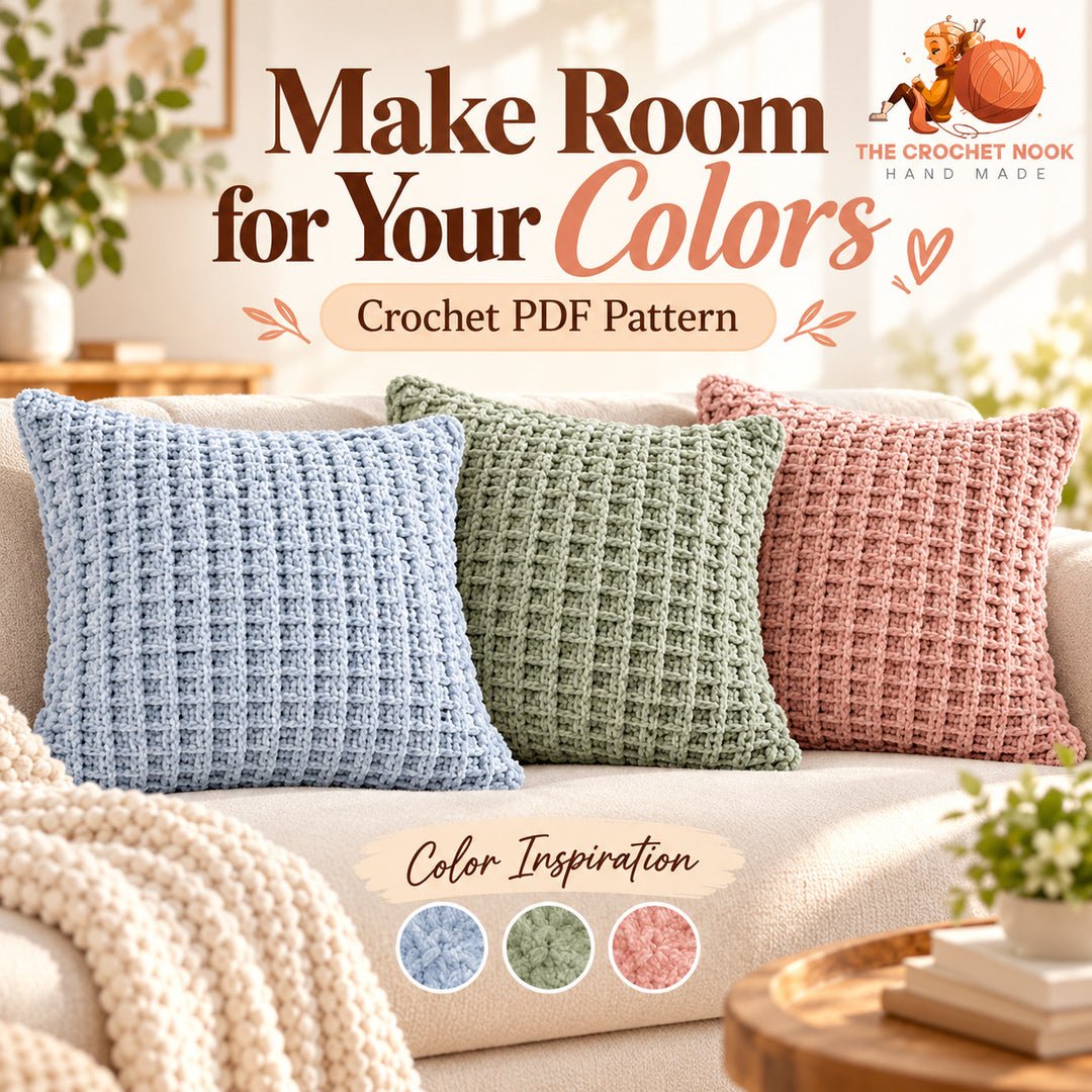 Softgrid Velvet Waffle Pillow Crochet Pattern — blue, sage and blush color inspiration in the same square waffle pillow. Digital pattern.