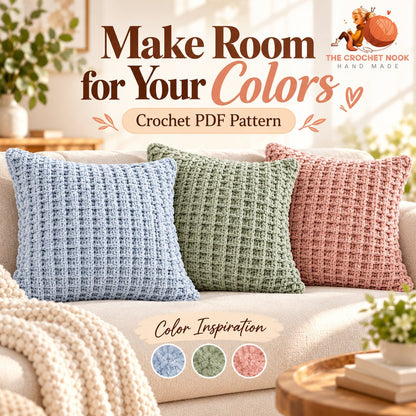 Softgrid Velvet Waffle Pillow Crochet Pattern — blue, sage and blush color inspiration in the same square waffle pillow. Digital pattern.