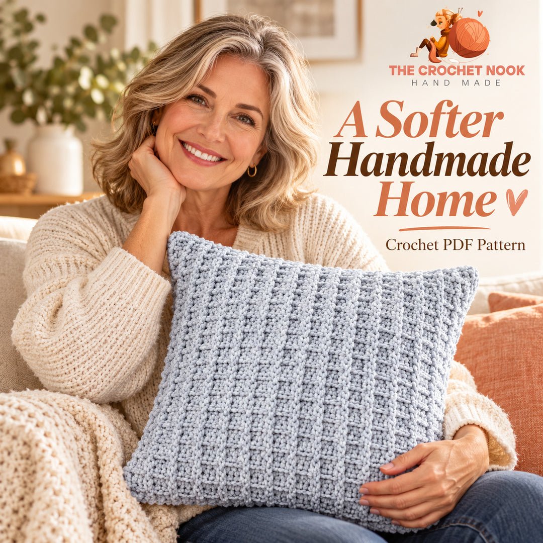 Softgrid Velvet Waffle Pillow Crochet Pattern — woman around 55 holding the soft blue velvet waffle pillow. Digital pattern.