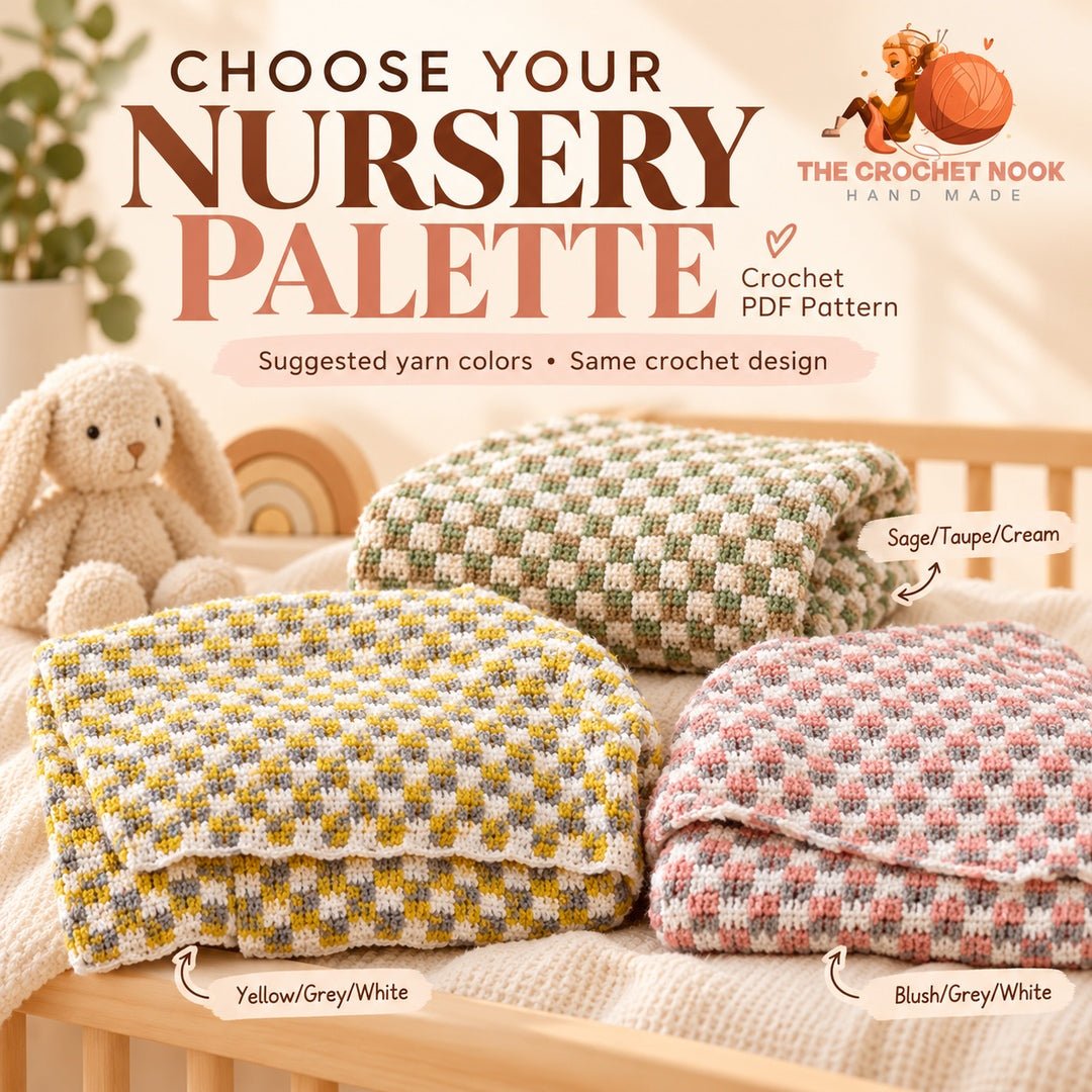 Sunbeam Checker Baby Blanket Crochet Pattern in suggested alternative yarn colors with the same stitch design. Digital pattern; PDF delivered manually by email after purchase.