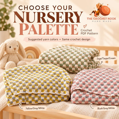 Sunbeam Checker Baby Blanket Crochet Pattern in suggested alternative yarn colors with the same stitch design. Digital pattern; PDF delivered manually by email after purchase.
