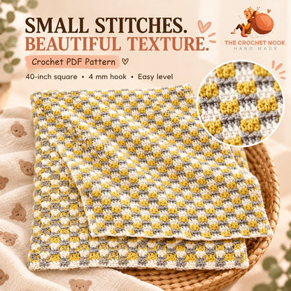 Sunbeam Checker Baby Blanket Crochet Pattern showing the actual stitch texture and construction details. Digital pattern; PDF delivered manually by email after purchase.