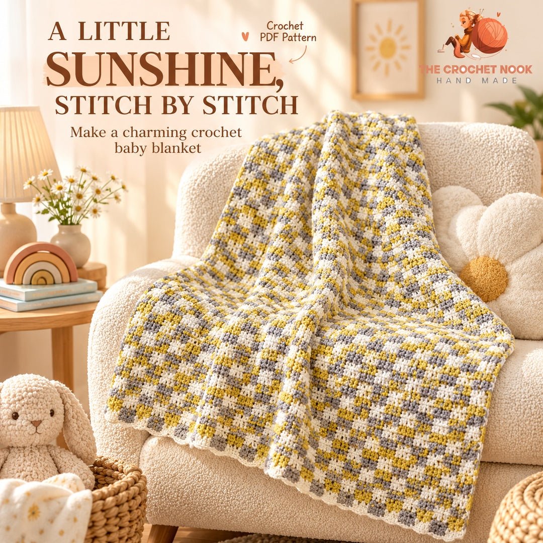 Sunbeam Checker Baby Blanket Crochet Pattern in an original cozy lifestyle setting. Digital pattern; PDF delivered manually by email after purchase.