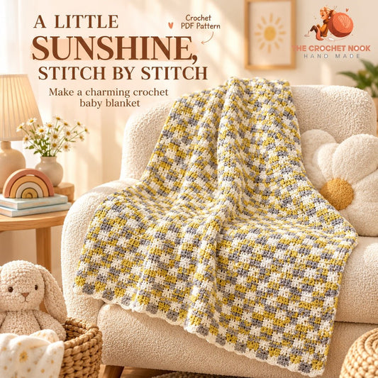 Sunbeam Checker Baby Blanket Crochet Pattern in an original cozy lifestyle setting. Digital pattern; PDF delivered manually by email after purchase.