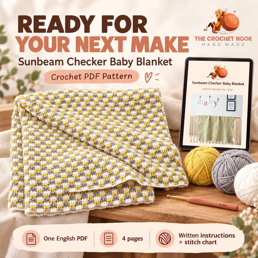 Sunbeam Checker Baby Blanket Crochet Pattern with yarn, crochet hook and the actual PDF cover preview. Digital pattern; PDF delivered manually by email after purchase.