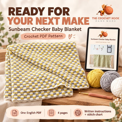 Sunbeam Checker Baby Blanket Crochet Pattern with yarn, crochet hook and the actual PDF cover preview. Digital pattern; PDF delivered manually by email after purchase.