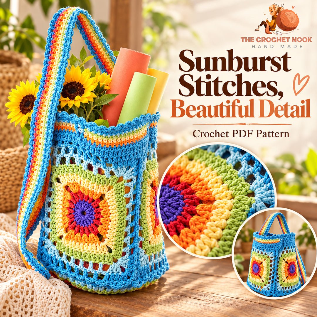 Sunburst Medallion Market Bag Crochet Pattern — close-up of the round sunburst centers, square motifs and blue borders. Digital pattern.