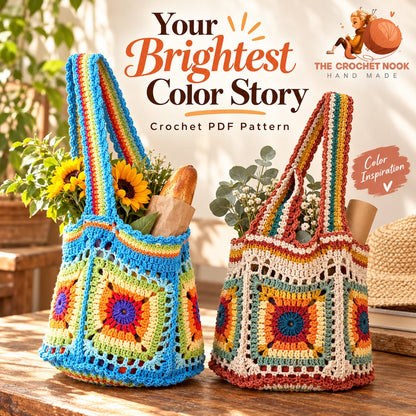 Sunburst Medallion Market Bag Crochet Pattern — rainbow and muted yarn color inspiration in the same medallion bag design. Digital pattern.