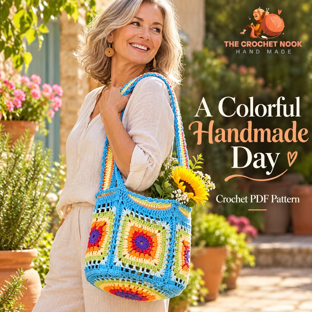 Sunburst Medallion Market Bag Crochet Pattern — woman around 55 carrying the correct sunburst medallion shoulder bag. Digital pattern.