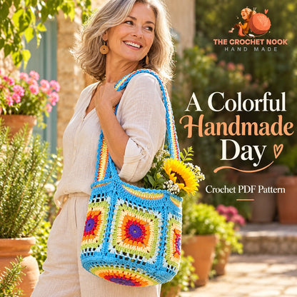 Sunburst Medallion Market Bag Crochet Pattern — woman around 55 carrying the correct sunburst medallion shoulder bag. Digital pattern.