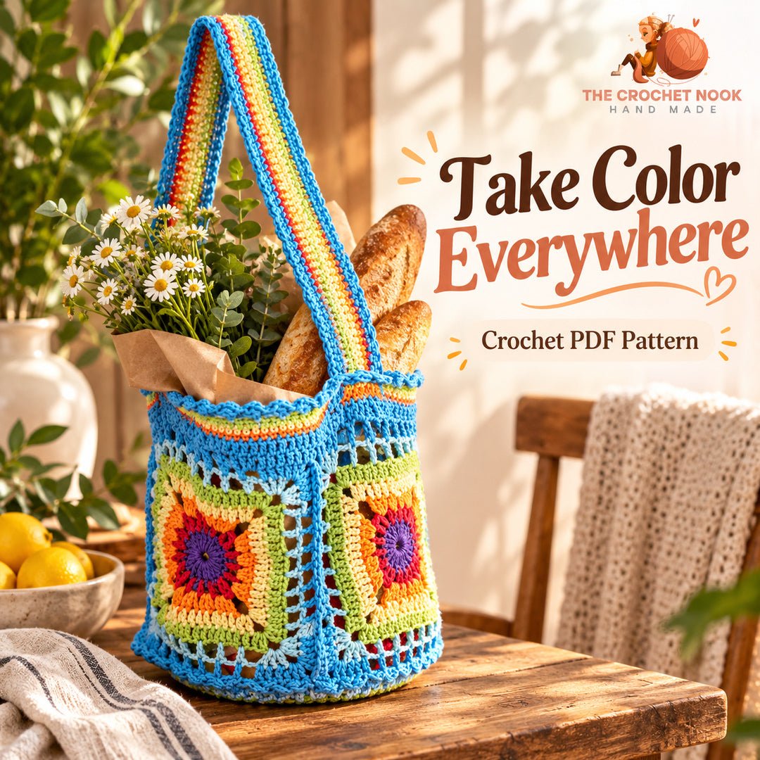 Sunburst Medallion Market Bag Crochet Pattern — rainbow sunburst medallion market bag with its single long striped handle. Digital pattern.