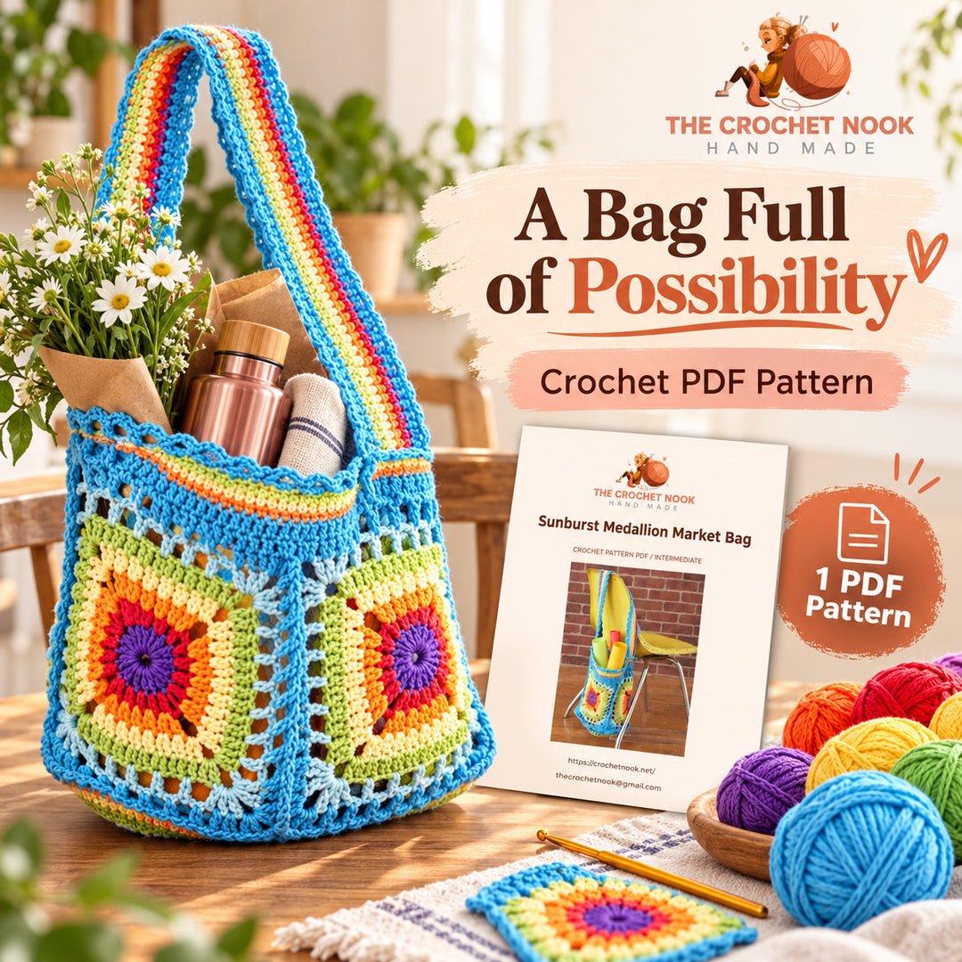 Sunburst Medallion Market Bag Crochet Pattern — medallion bag with yarn, crochet hook and actual three-page PDF cover preview. Digital pattern.