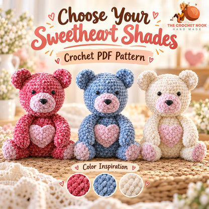 Sweetheart Velvet Teddy Bear Crochet Pattern — pink and blue yarn color inspiration preserving the seated bear design. Digital pattern.