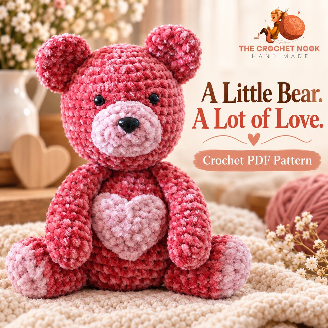 Sweetheart Velvet Teddy Bear Crochet Pattern — pink velvet crochet teddy bear with pale muzzle and heart belly applique. Digital pattern.